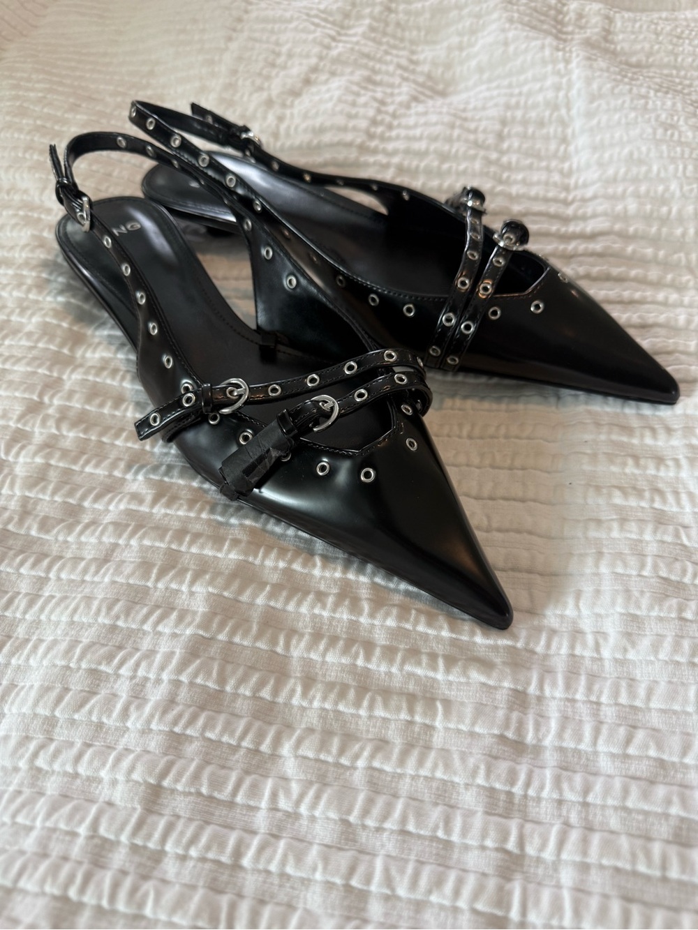 Mango Black Pointed Slingback Heels with Grommet Straps NWT 1031